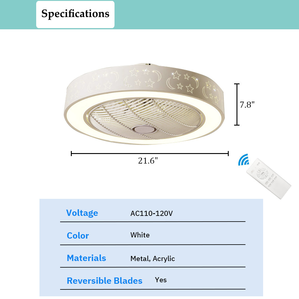 Round Ceiling Fan with Lights and Remote Control, Invisible Fan Blade, 21.6" W White Low Profile Light Fixture - Image 6